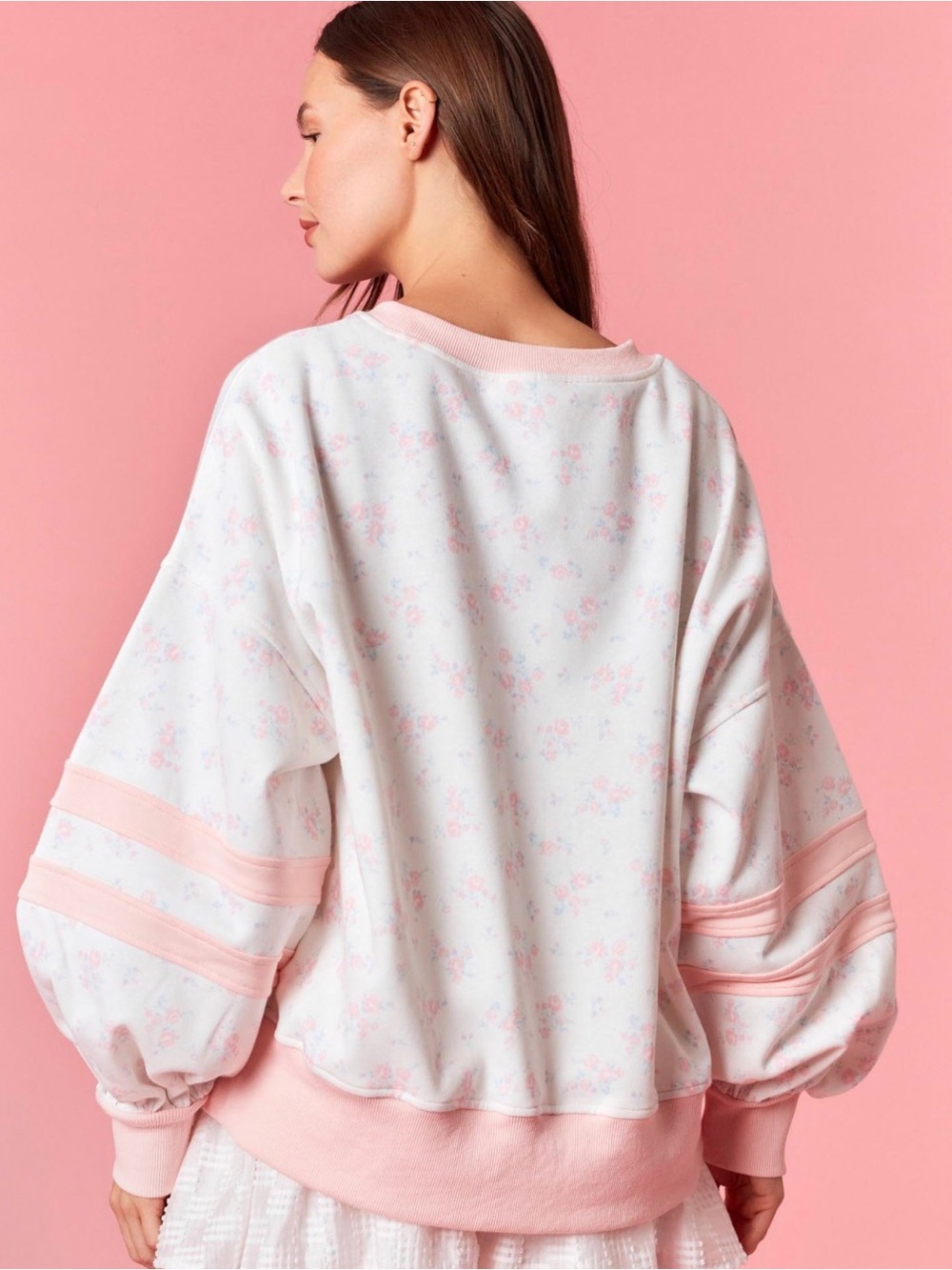 #2029. Peach Love CA Light Pink/Blue Floral Contrast Stripe Fleece Sweatsh - Picture 2 of 3